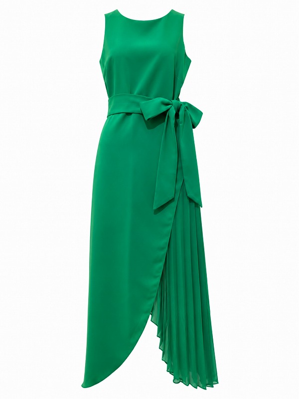 【新品DRESS 3017】サイドシフォンプリーツ切替ミモレ丈ミディアムドレス グリーン【BADGLEY MISCHKA】